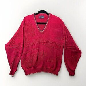 Vintage Isle of Cotton Golf Red Textured V-Neck Sweater Mens Large Made in USA‎